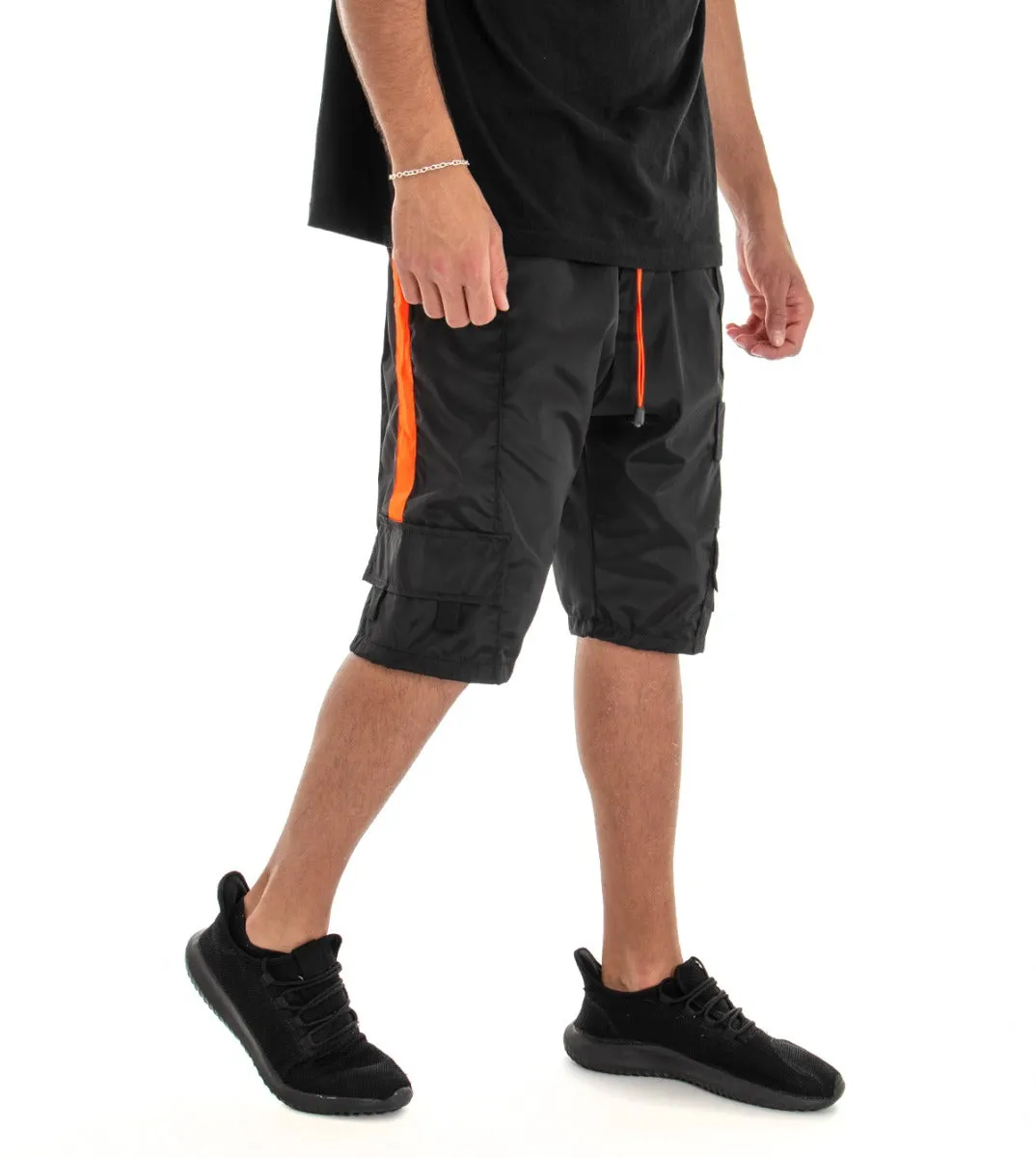 Bermuda Pantaloncino Tuta Shorts Tinta Unita Nero Riga Fluo GIOSAL-PC1546A