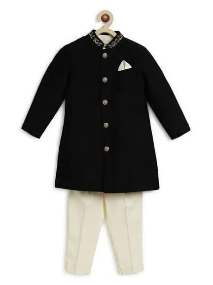 Boy Silk Sherwani-Black
