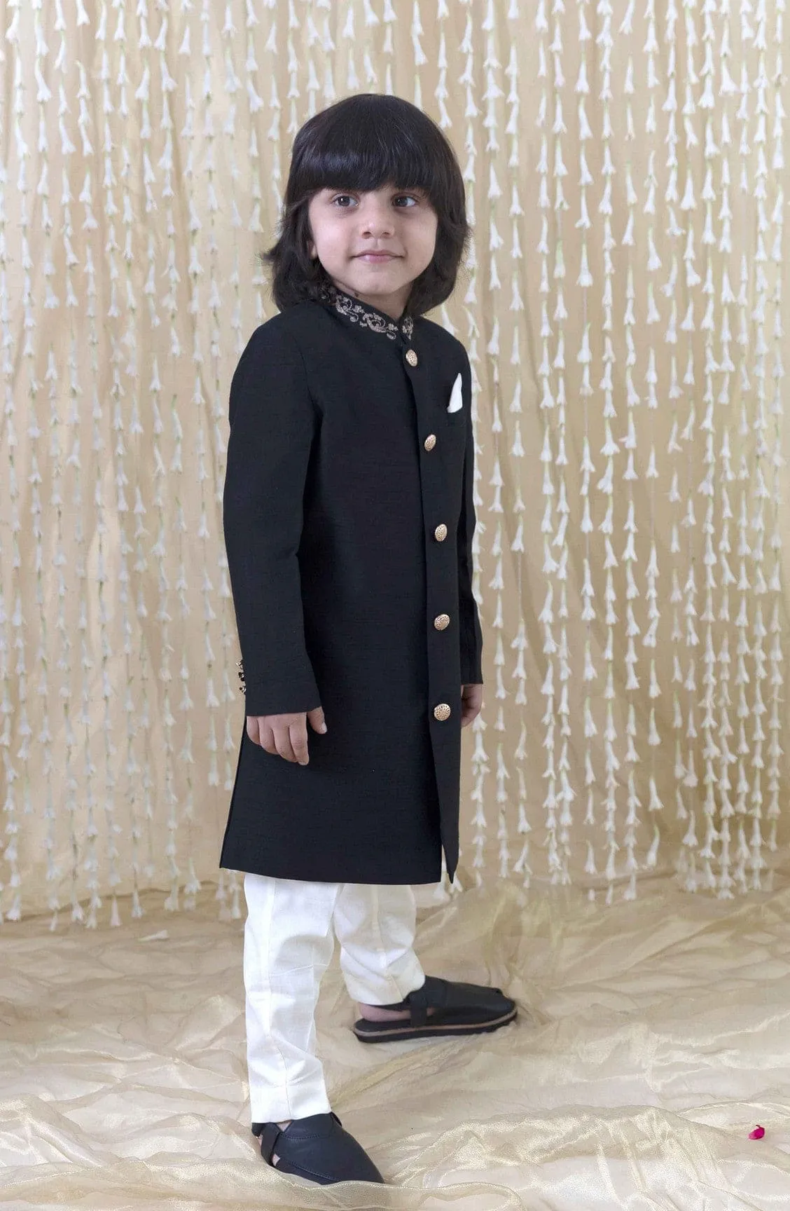 Boy Silk Sherwani-Black