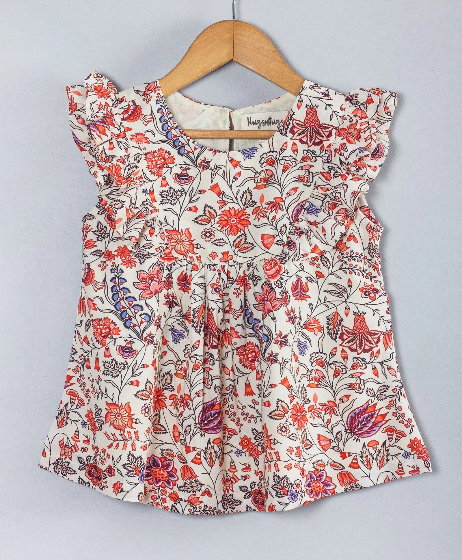 Floral print Cutsleeves top with round neck-Off White