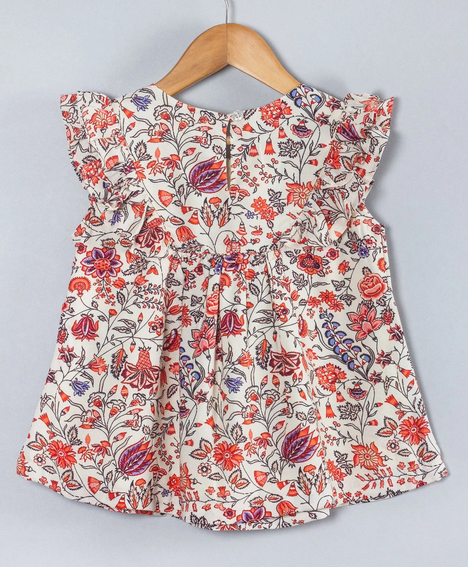 Floral print Cutsleeves top with round neck-Off White