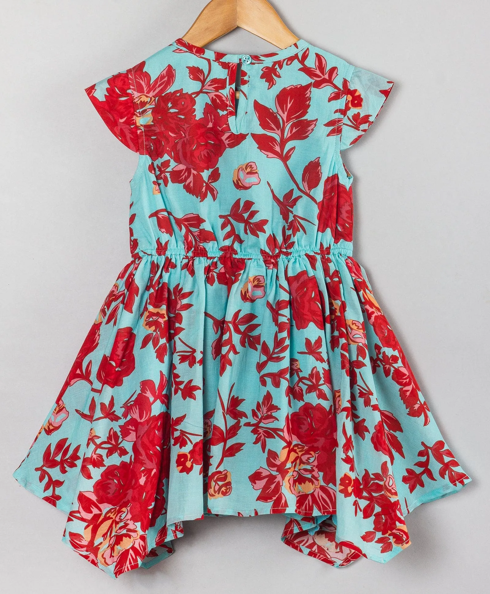 High low dress with red floral print all over-Turq blue