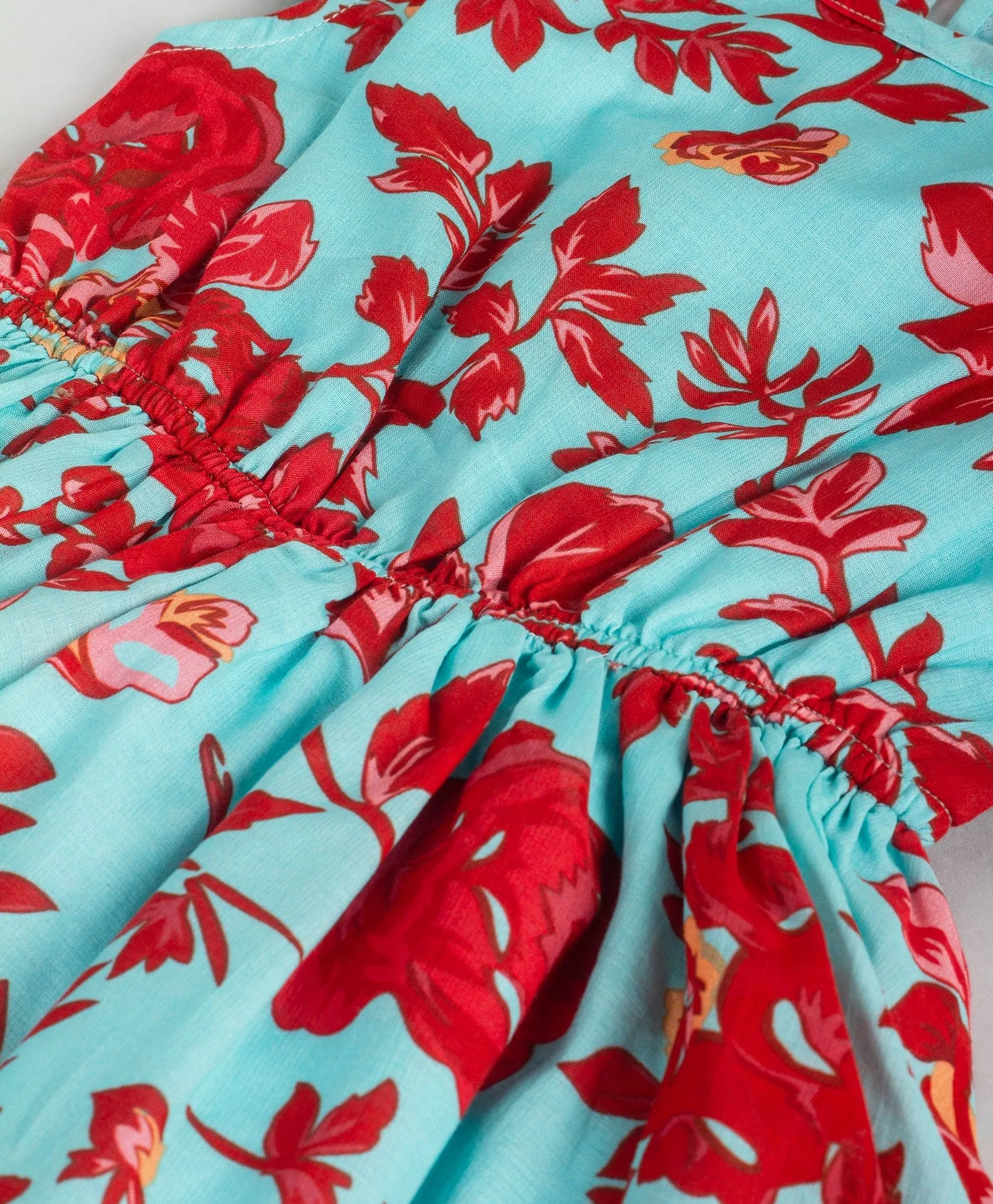 High low dress with red floral print all over-Turq blue