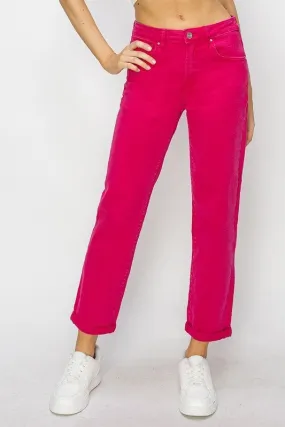 High Rise Boyfriend Colored Denim Jeans w Rolled Cuffs
