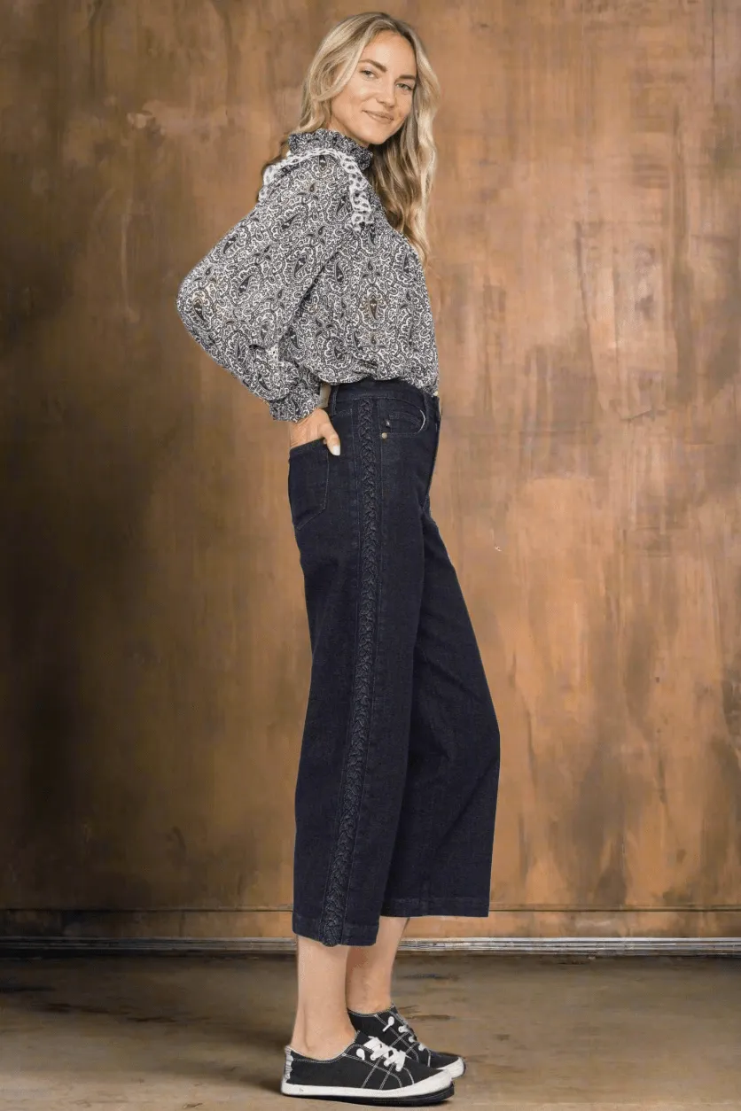 Judy Blue High Waist Braided Side Seam Braid Detail Cropped Wide Leg Jeans