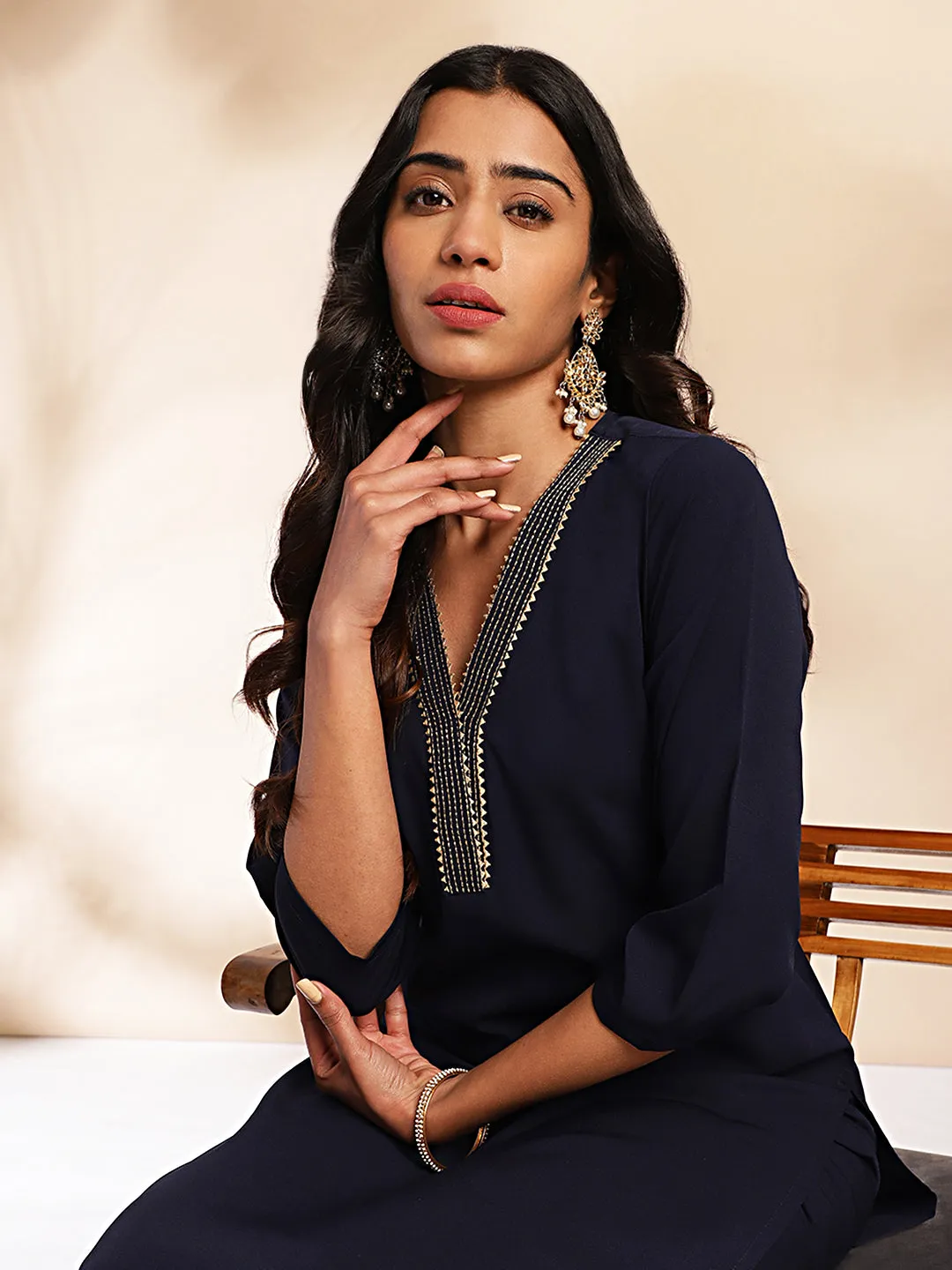 Navy Blue Crepe Yoke Design Regular Kurta Set