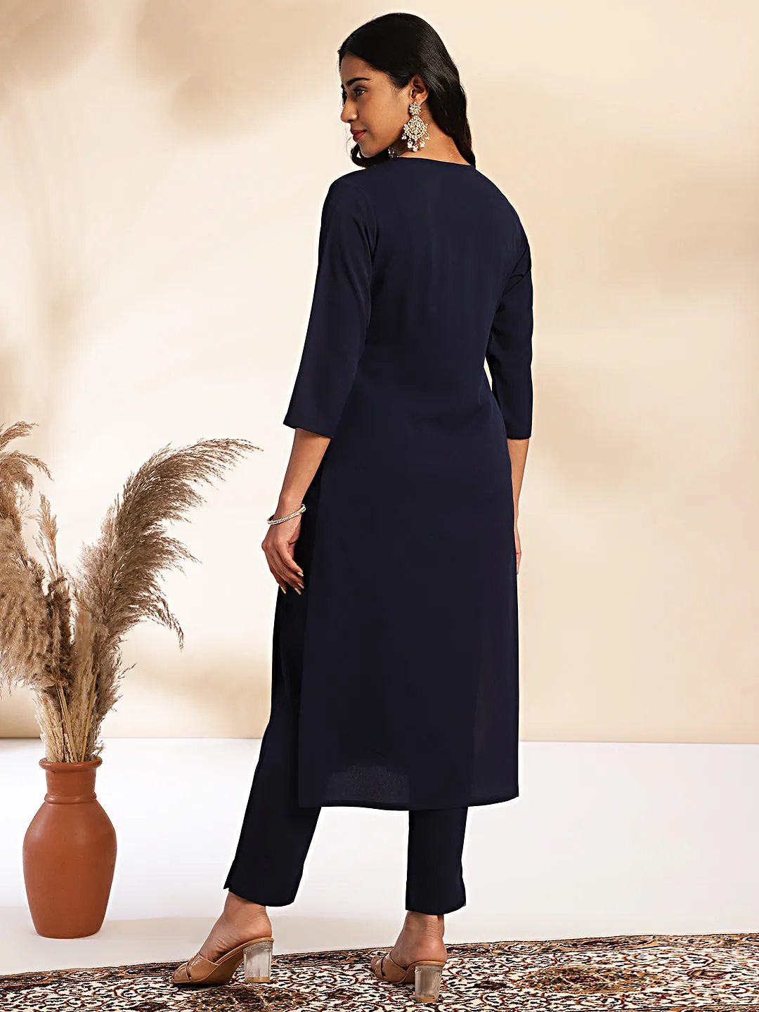 Navy Blue Crepe Yoke Design Regular Kurta Set