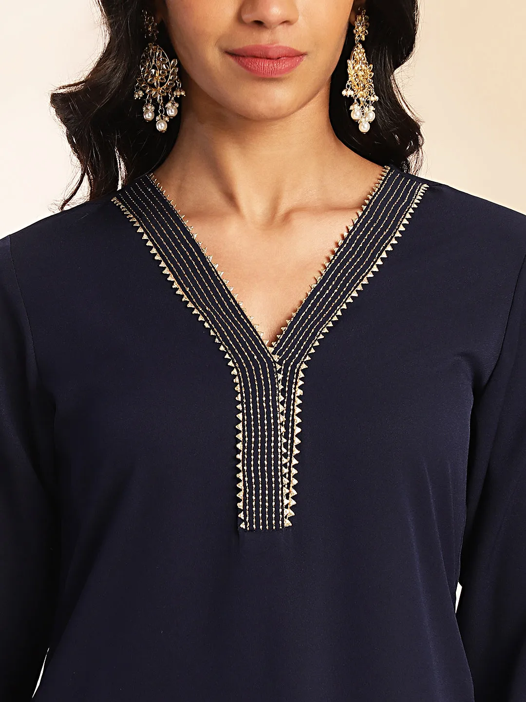 Navy Blue Crepe Yoke Design Regular Kurta Set