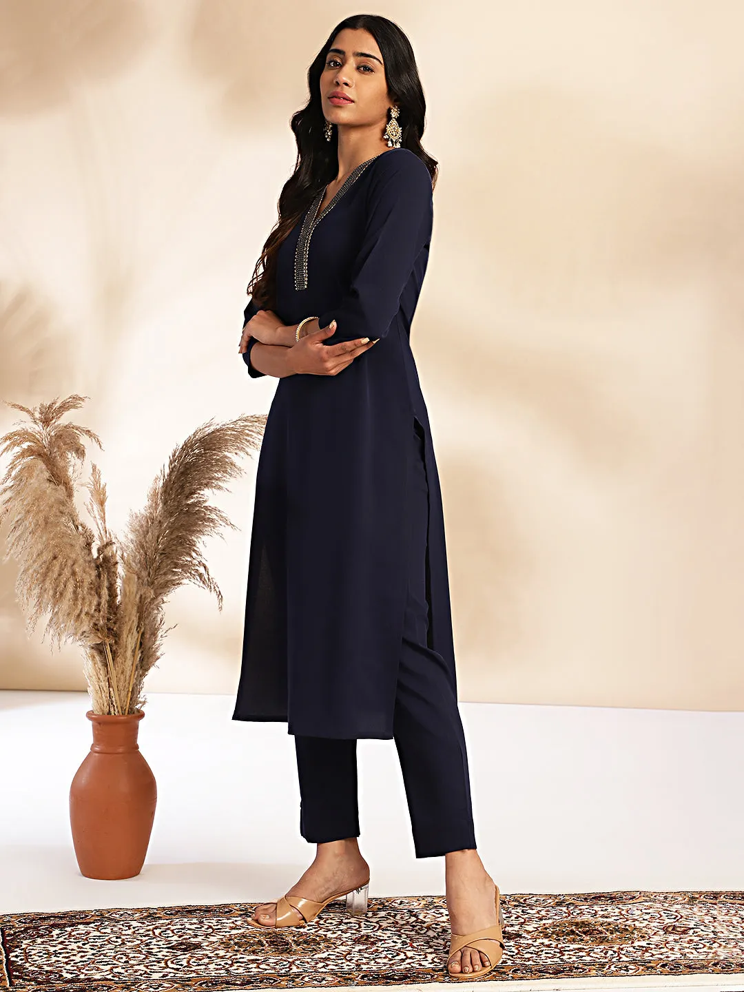 Navy Blue Crepe Yoke Design Regular Kurta Set
