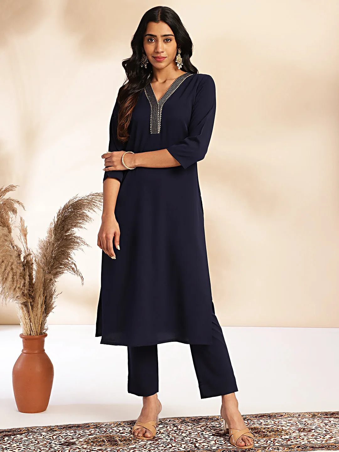 Navy Blue Crepe Yoke Design Regular Kurta Set