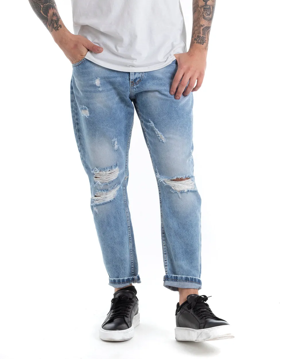 Pantaloni Jeans Uomo Loose Fit Denim Con Rotture Cinque Tasche Casual GIOSAL-P5308A
