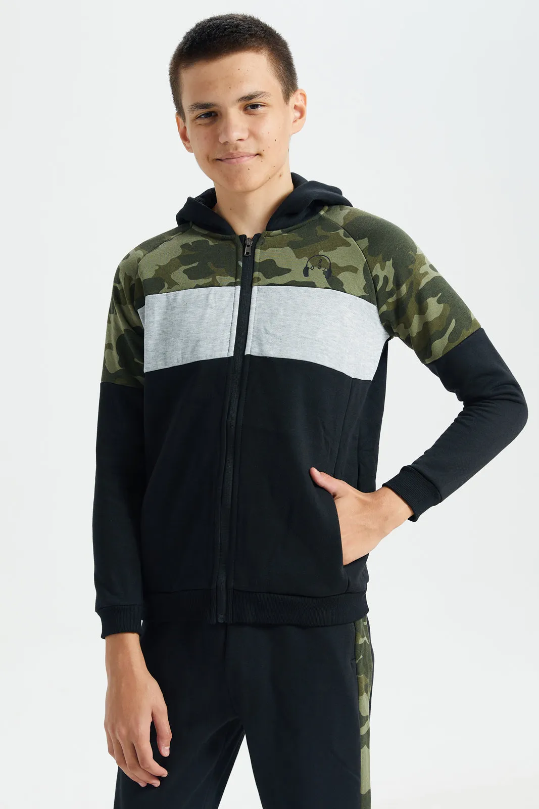 Senior Boys Black Hooded Jogging Suit (2 Piece)